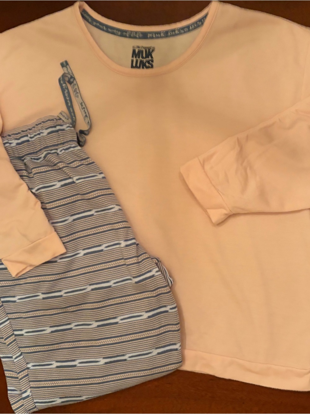 Muk Luks Peach Long-Sleeve Pajamas Pink Top with Striped Pants